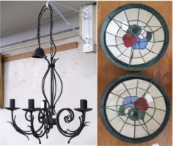 A 20th century five branch chandelier and two Tiffany style ceiling shades (3) Condition Report: