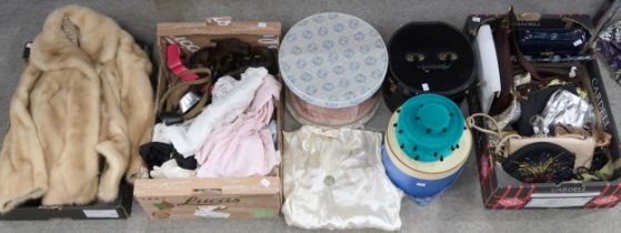A collection of ladies handbags, hats, hat boxes, a Woman's League of Health and Beauty cream
