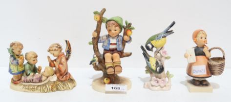 Three Hummel figures including a nativity candleholder and a Goebel bird group Condition Report: