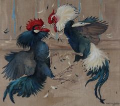 RALSTON GUDGEON RSW (SCOTTISH 1910-1984) THE COCK FIGHT Gouache on linen, signed lower right, 51.5 x