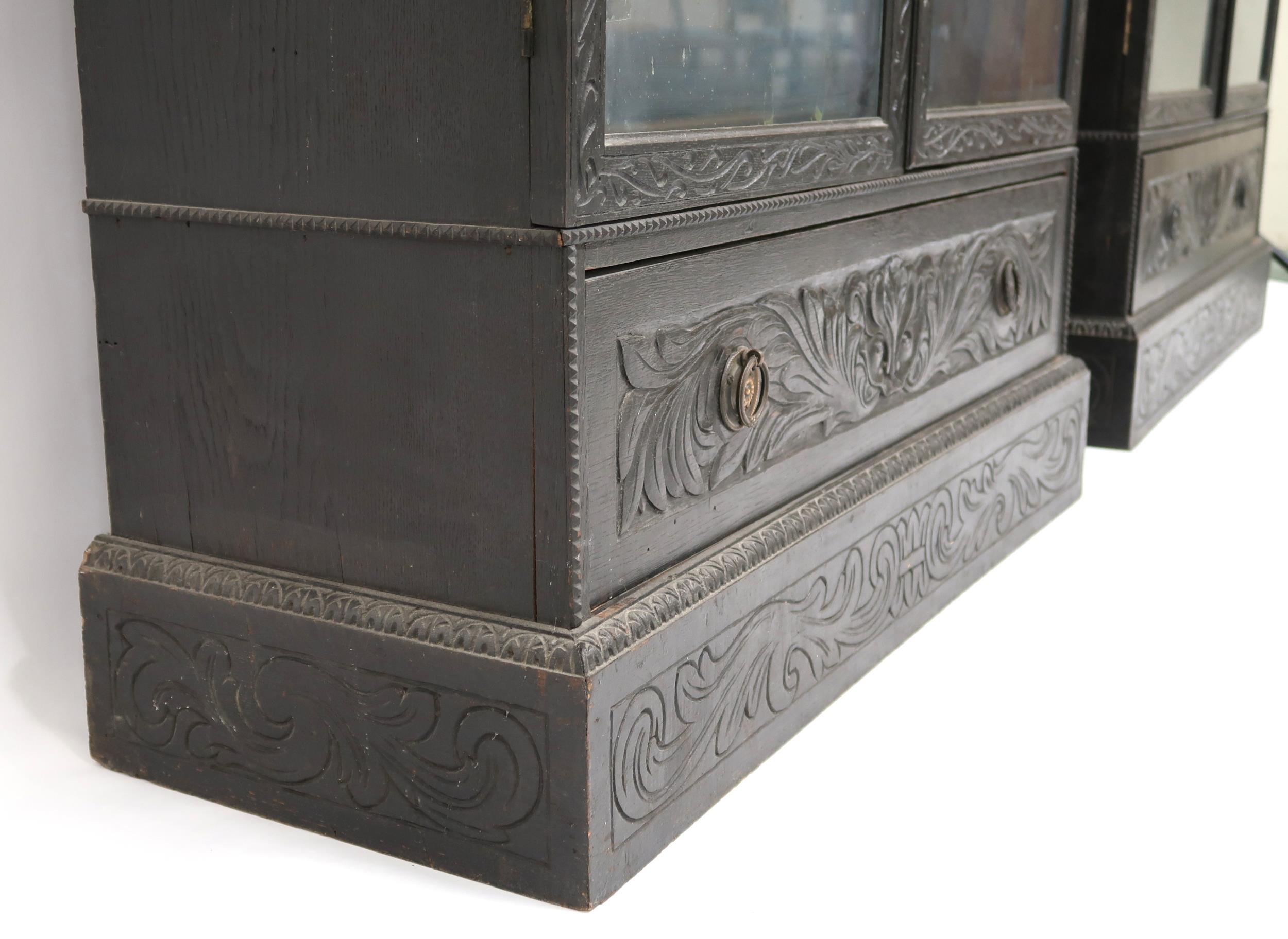 A PAIR OF 20TH CENTURY EBONISED GLAZED BOOKCASES  with gadrooned moulded cornices over pairs of - Image 9 of 12
