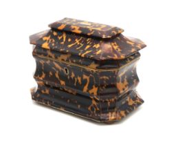 A VICTORIAN TORTOISESHELL TEA CADDY OF BOMBE CASKET FORM With ivory-banded twin-compartmentalised