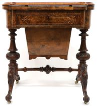 A VICTORIAN MAHOGANY AND BURR WALNUT VENEERED SEWING/GAMES TABLE  with shaped satinwood inlaid