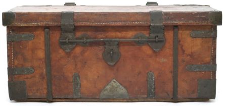 A LATE 19TH/EARLY 20TH CENTURY METAL BOUND LEATHER STAGECOACH TRUNK  hinged top with suspension