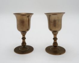 TWO 18TH CENTURY IRISH CATHOLIC BRASS COMMUNION RECUSANT CHALICES each bowl can be unscrewed,