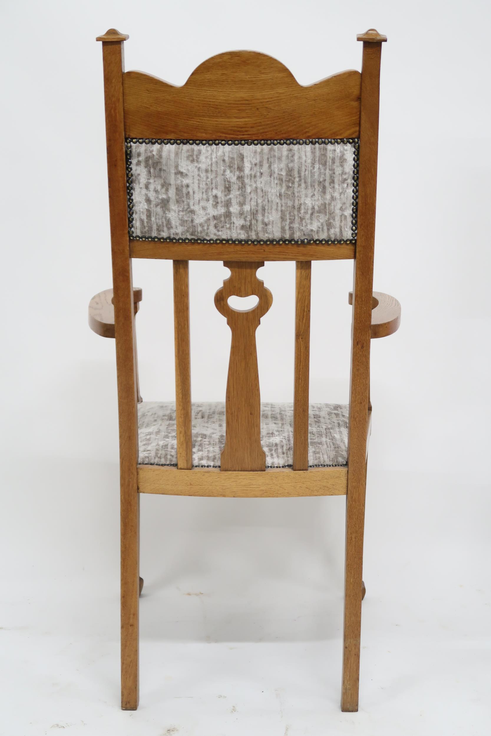 A PAIR OF LATE VICTORIAN OAK ARTS & CRAFTS OPEN ARMCHAIRS  with grey velvet upholstery on backrest - Image 6 of 6