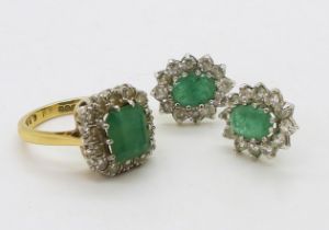 EMERALD & DIAMOND RING & EARRINGS. the 18ct gold ring, is set with estimated approx 0.35cts of