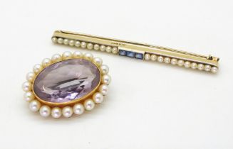 TWO VINTAGE BROOCHES A 15ct and platinum bar brooch set with blue gems and pearls, length 6.2cm,