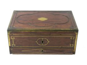 A VICTORIAN BRASS-BOUND MAHOGANY STRONG BOX Having flush handles to sides, the lower portion