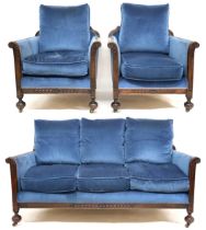 A LATE VICTORIAN THREE PIECE SUITE  comprising three seater settee, 71cm high x 160cm wide x 77cm