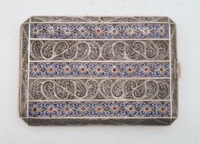A PORTUGESE SILVER FILIGREE ENAMEL CIGARETTE CASE Gondomar, of canted rectangular form, with