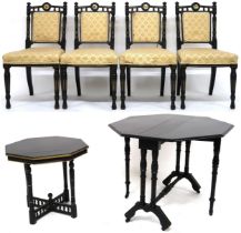 A SUITE OF VICTORIAN EBONISED AESTHETIC MOVEMENT FURNITURE  comprising set of four parlour chairs