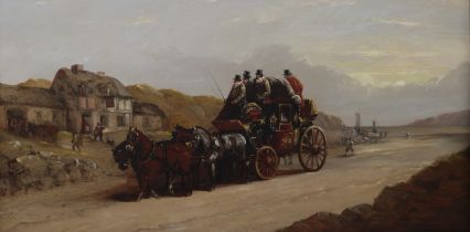 JOHN CHARLES MAGGS (BRITISH 1819-1896) COACH AND FOUR BY THE COAST  Oil on canvas, signed lower