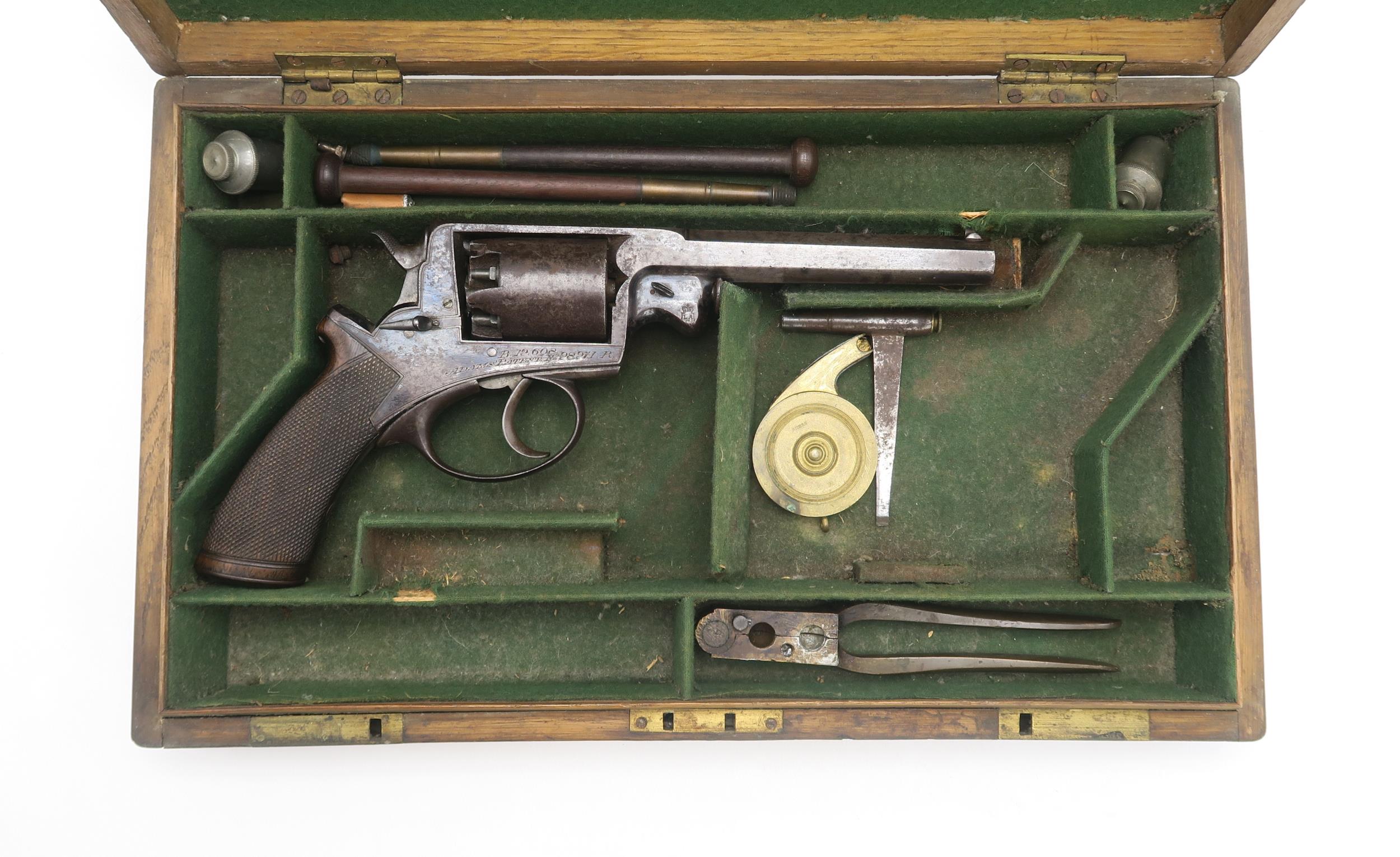 A CASED 54-BORE PERCUSSION BEAUMONT-ADAMS PATENT DOUBLE-ACTION FIVE-SHOT REVOLVER Circa-1855, serial - Image 3 of 13