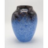 A MONART GLASS VASE  of shouldered form in mottled blue and clear glass with black and rose gold