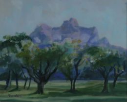 DELNY GOALEN (SCOTTISH 1932-2023)  OLIVE TREES PROVENCE  Oil on canvas, signed lower left, inscribed