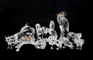 A COLLECTION OF SWAROVSKI CRYSTAL FIGURES including a Heron, a rearing horse, a Cheetah, a Polar