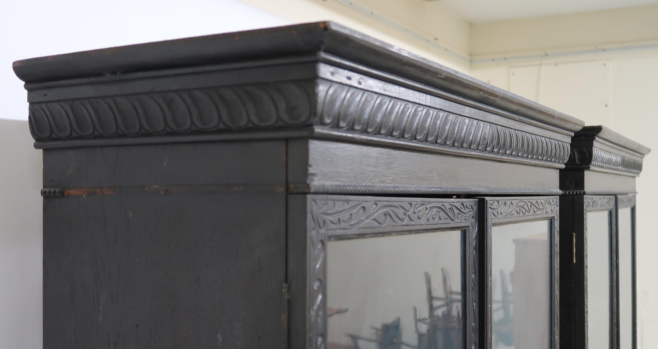 A PAIR OF 20TH CENTURY EBONISED GLAZED BOOKCASES  with gadrooned moulded cornices over pairs of - Image 10 of 12