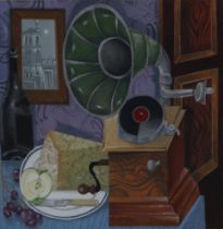 RICHARD NORMAN RSW (SCOTTISH CONTEMPORARY)  STILL LIFE OF GRAMOPHONE AND CHEESE?  Watercolour,