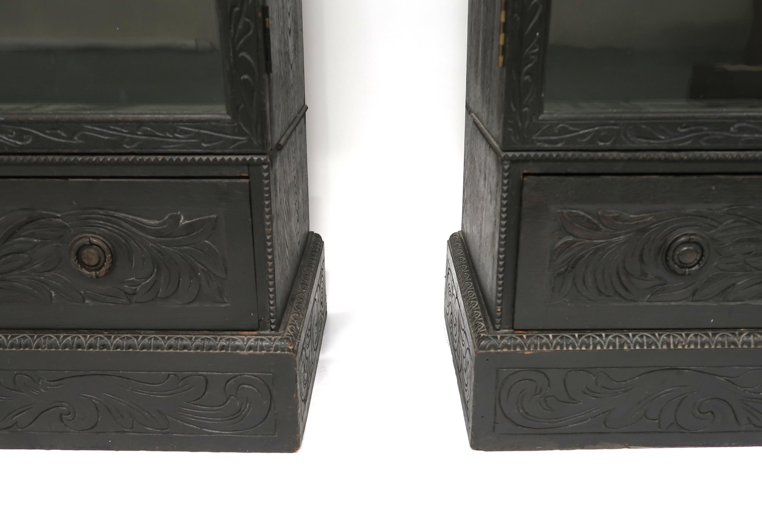 A PAIR OF 20TH CENTURY EBONISED GLAZED BOOKCASES  with gadrooned moulded cornices over pairs of - Image 7 of 12
