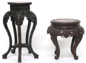 A LATE 19TH CENTURY CHINESE HARDWOOD JARDINIERE  carved pentagonal top with circular marble inset