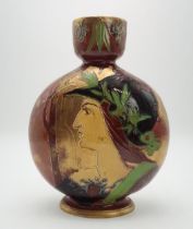 AN ENGLISH POTTERY MOON FLASK in the style of Thomas Forester, with tube line decoration of a woman,