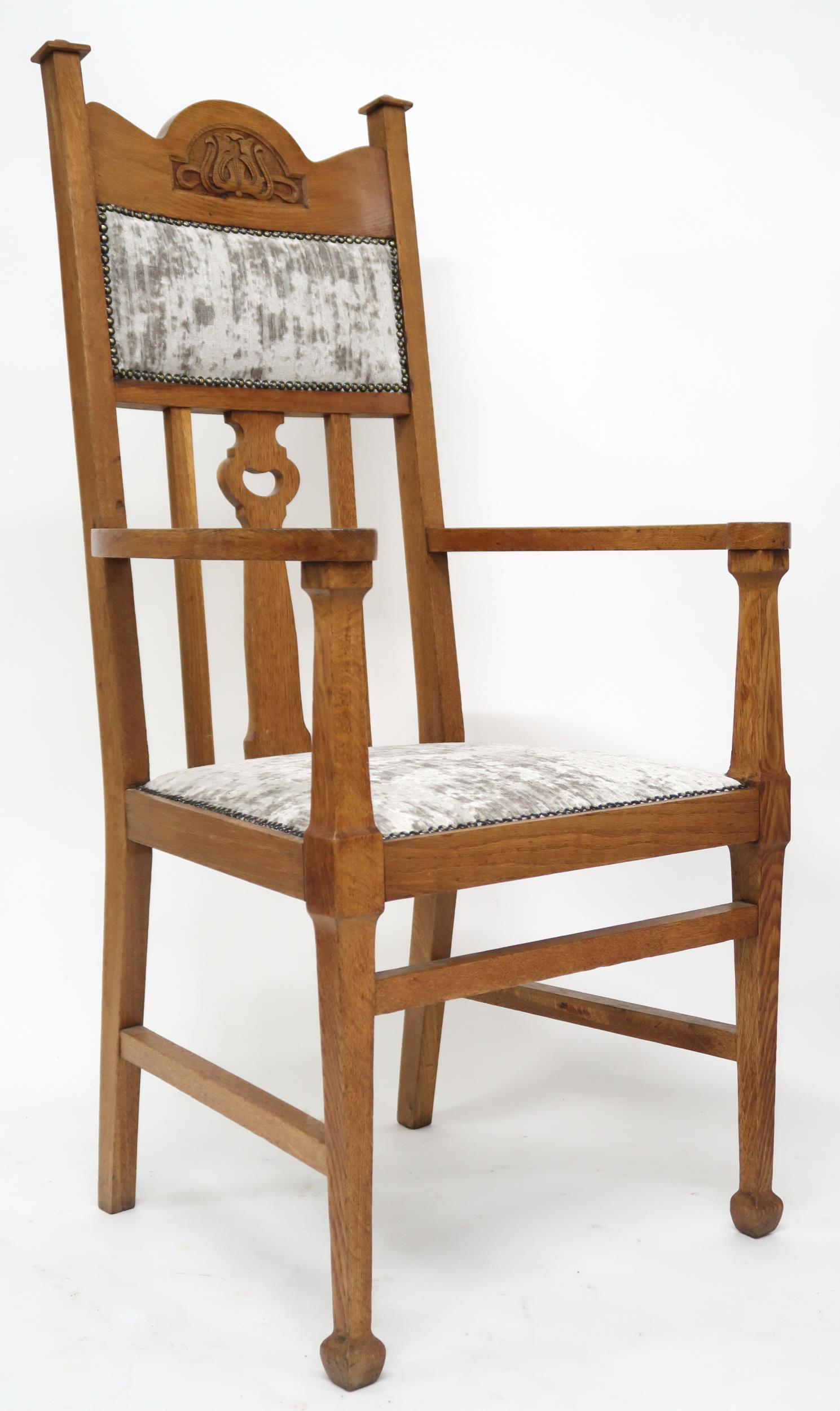 A PAIR OF LATE VICTORIAN OAK ARTS & CRAFTS OPEN ARMCHAIRS  with grey velvet upholstery on backrest - Image 4 of 6