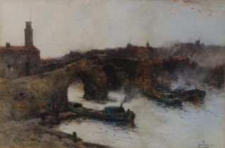 JOHN TERRIS RI RSW (SCOTTISH 1865-1914) BARGES BENEATH A BRIDGE Watercolour, signed lower right,