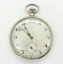 A CHROMED ROLEX POCKET WATCH fan pattern silvered dial, Arabic numerals and subsidiary seconds dial.