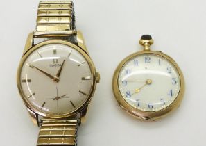 A GENTS OMEGA & A FOB WATCH The 9ct gold gents Omega wristwatch has a cream dial with a cross