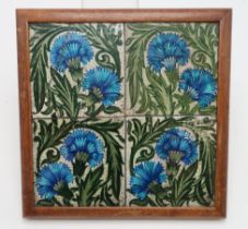 WILLIAM DE MORGAN (1839-1917) Four blue carnation tiles, mounted and framed, tiles approx 15cm
