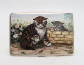 A PICTORIAL SILVER ENAMEL CIGARETTE CASE maker's mark FG, Birmingham 1945, of rectangular form,