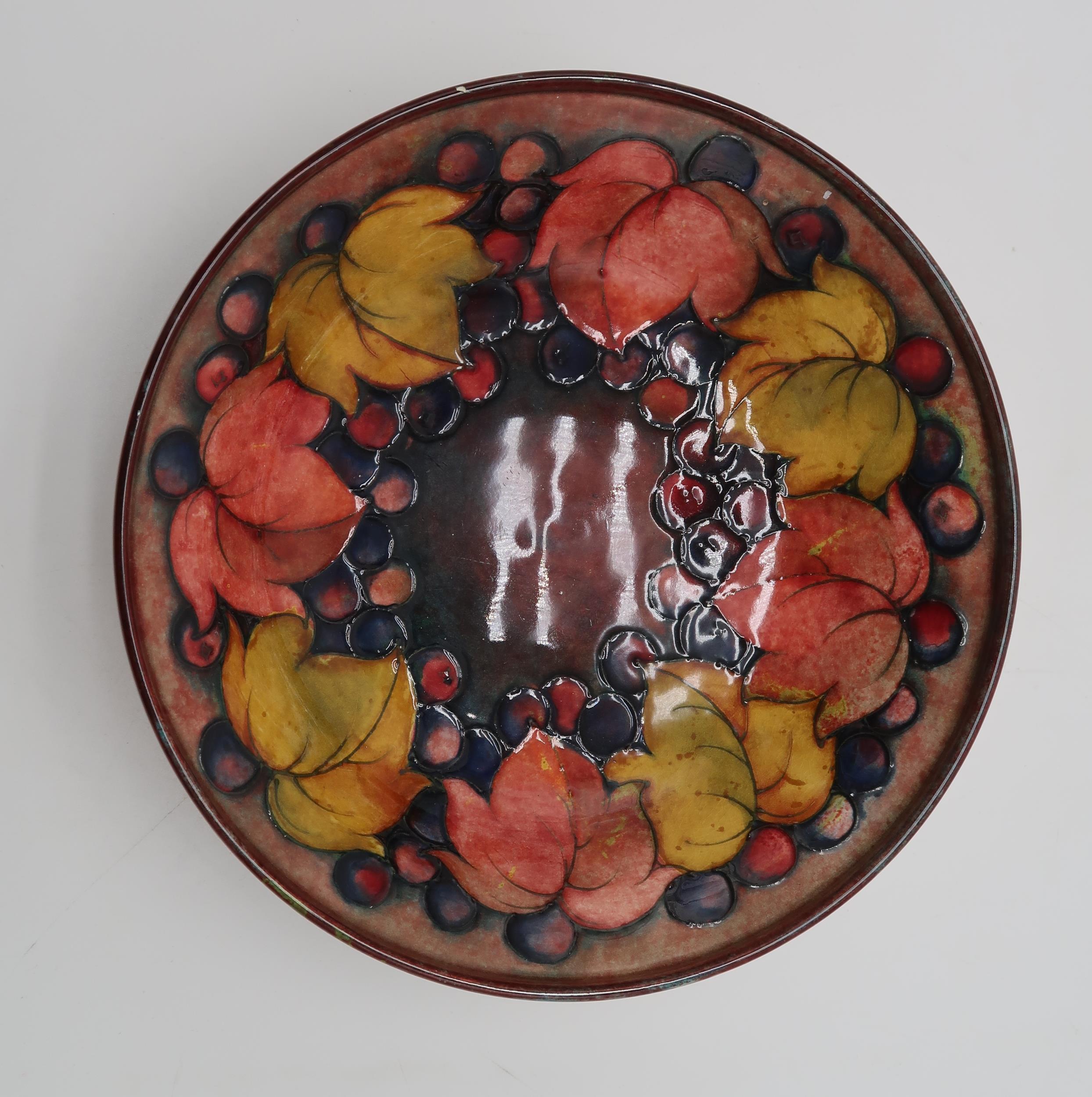 A MOORCROFT LEAF AND BERRY FLAMBE PATTERN DISH raised on a pedestal, blue signature to base and - Image 4 of 9