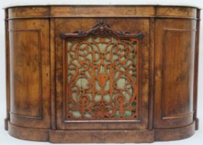 A VICTORIAN BURR WALNUT VENEERED MARBLE TOPPED CREDENZA  with shaped marble top over central