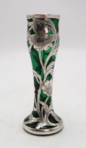 AN AMERICAN ART NOUVEAU SILVER OVERLAY GREEN GLASS VASE by Alvin Mfg.Co., retailed by Edward &