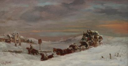 JOHN CHARLES MAGGS (BRITISH 1819-1896) LEEDS-LONDON COACH IN DRIFTING SNOW Oil on canvas, signed