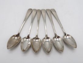 GREENOCK; A set of six Scottish provincial silver tea spoons, by Nathaniel Hunter, marked NH, oak