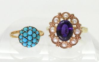 TWO VINTAGE RINGS A 9ct gold amethyst and pearl ring, size O, together with a turquoise bombe shaped