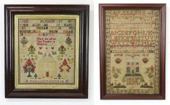 TWO VICTORIAN NEEDLEWORK SAMPLERS One by Mary Young, dated 1841, featuring a depiction of a