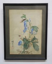 A SET OF SIX CHINESE PAINTINGS  each with insects, flowers and a heron, watercolour on silk, 26 x