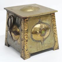 A LATE VICTORIAN BRASS ARTS & CRAFTS BRASS AND WROUGHT IRON COAL BOX IN THE MANNER OF RUSKIN with