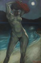 PETER HOWSON OBE (BRITISH b.1958) NUDE BY A MOONLIT BEACH Oil on canvas, signed lower right,