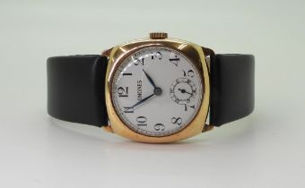 A 9CT LONGINES WATCH with white enamel dial with  black roman numerals, subsidiary seconds dial