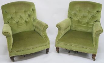 A PAIR OF 19TH CENTURY BUTTON BACK UPHOLSTERED ARMCHAIRS STAMPED "C. HINDLEY WELBECK ST LONDON. W"