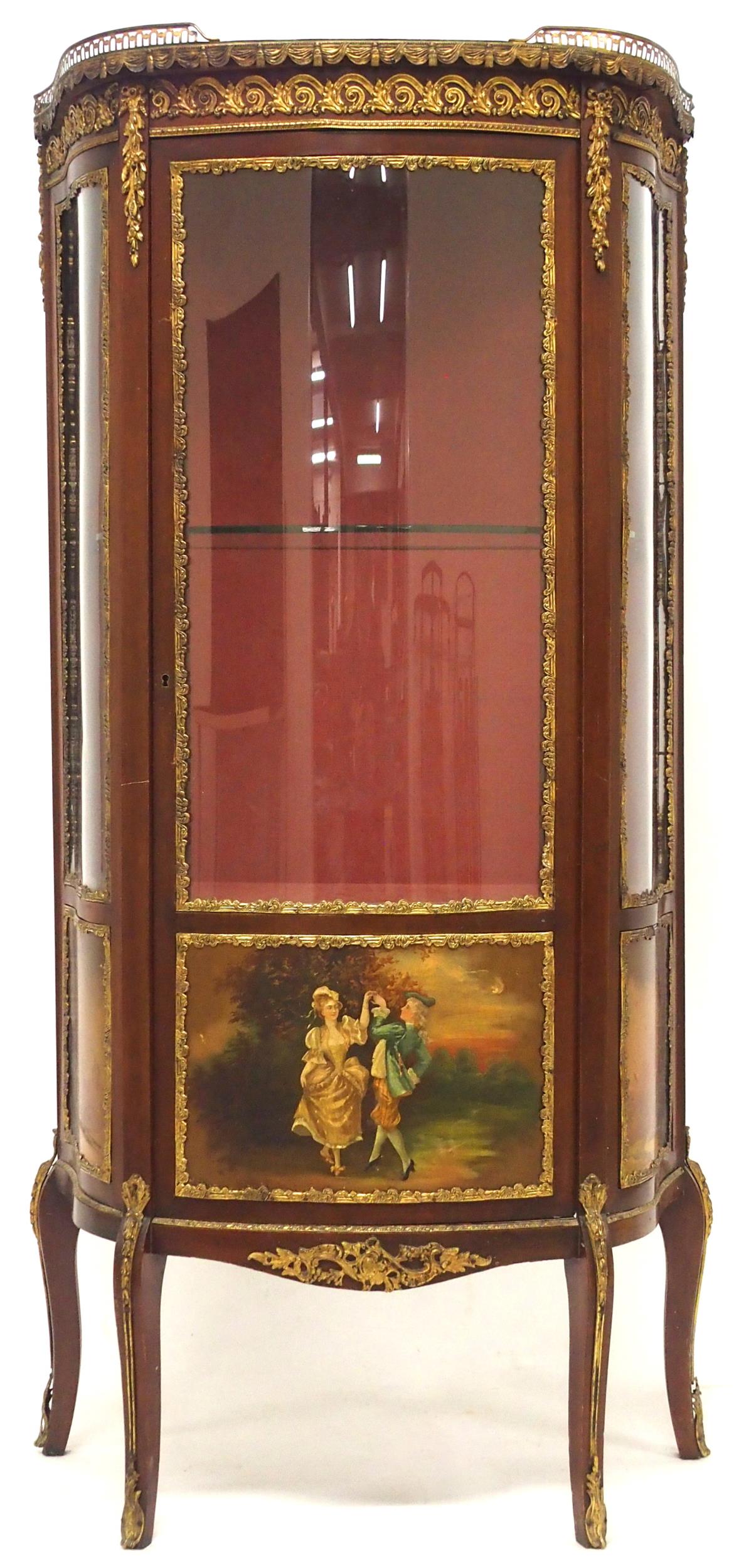 AN EARLY 20TH CENTURY LOUIS XV STYLE BRASS ORMOLU MOUNTED VITRINE DISPLAY CABINET  with galleried
