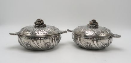 A PAIR OF 18TH CENTURY STYLE FRENCH SILVER ECUELLES AND COVERS circa 1720, with Paris discharge