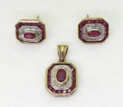 RUBY AND DIAMOND SET comprising of a pendant with matching earrings set with oval rubies and diamond