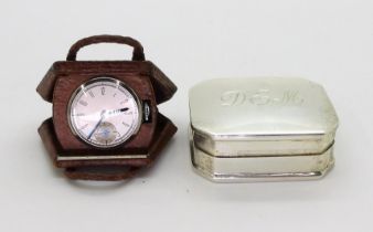 A NOVELTY WATCH AND A SILVER PILL BOX the watch in a leather handbag shaped case flips open to