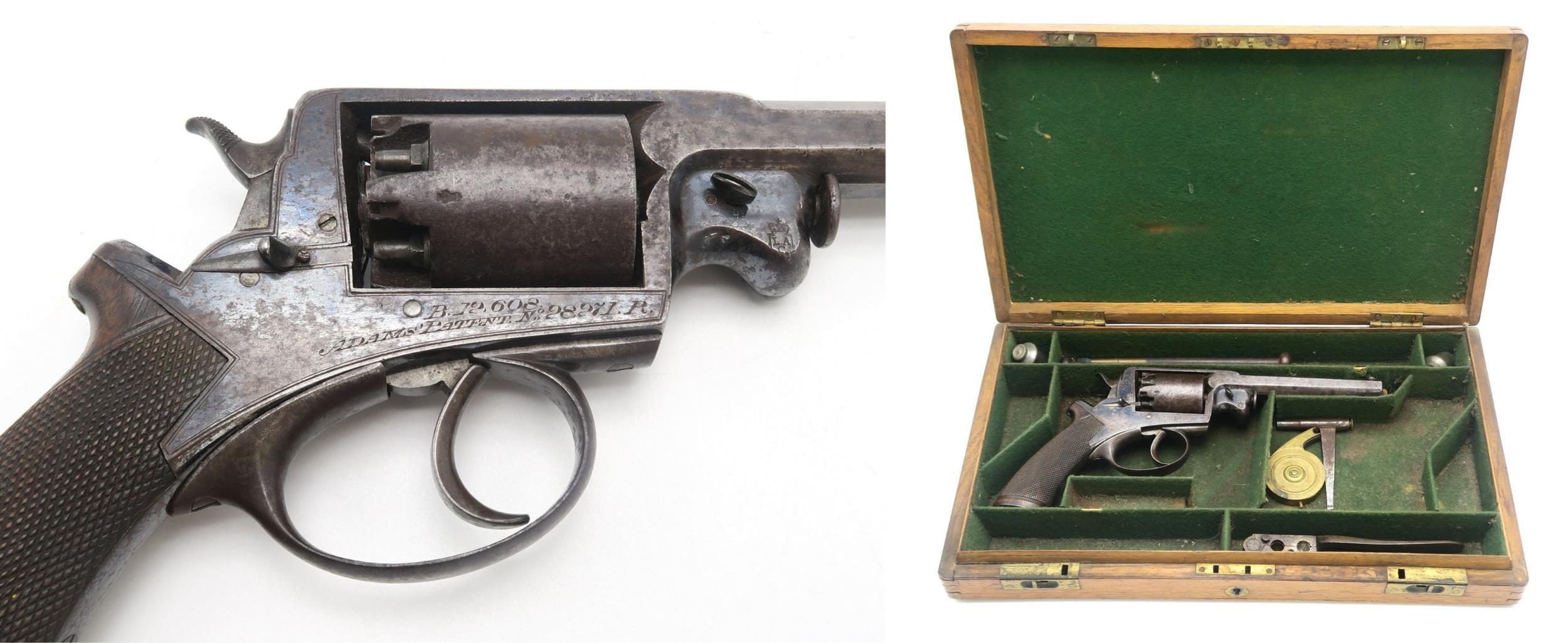 A CASED 54-BORE PERCUSSION BEAUMONT-ADAMS PATENT DOUBLE-ACTION FIVE-SHOT REVOLVER Circa-1855, serial