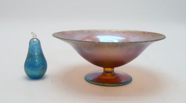 A WMF MYRA GLASS BOWL of open form with circular foot, in amber glass with blue iridescence,